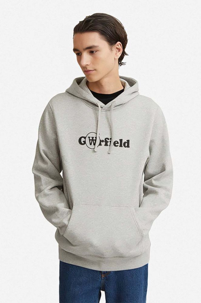 Бавовняна кофта Wood Wood X Garfield чоловіча колір сірий з капюшоном з принтом 30045601.2424-GREYMELANG