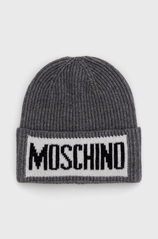 Шапка з домішкою вовни Moschino колір сірий з товстого трикотажу
