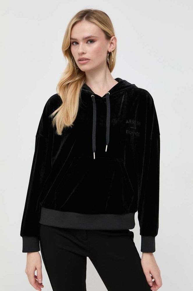 Кофта Armani Exchange жіноча колір чорний з капюшоном з аплікацією (3503620)