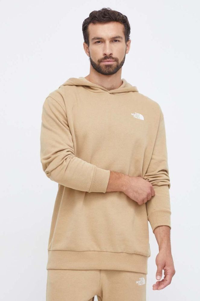 Бавовняна кофта The North Face чоловіча колір бежевий з капюшоном з принтом (3566908)