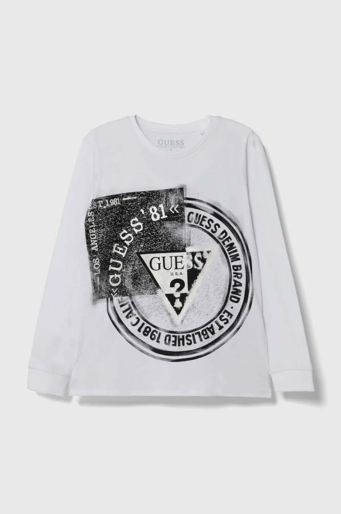 Дитячий бавовняний лонгслів Guess колір білий з принтом (3527687)