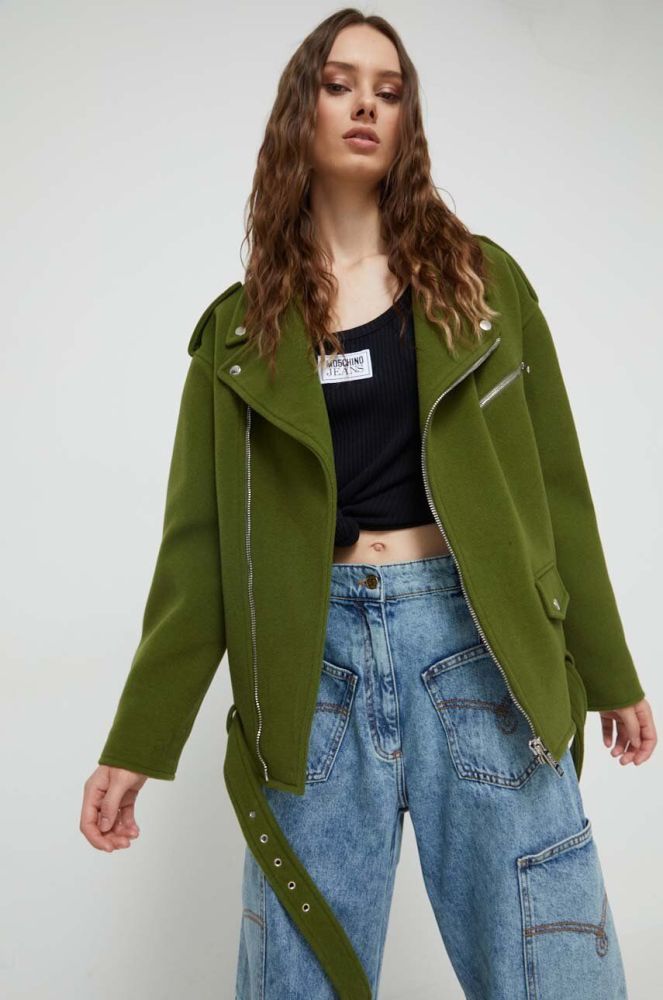 Вовняна куртка Moschino Jeans колір зелений перехідна