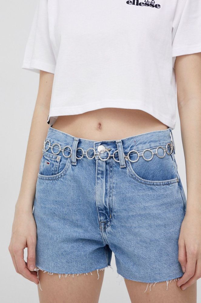 Джинсові бавовняні шорти Tommy Jeans жіночі однотонні висока посадка колір блакитний (2192413)