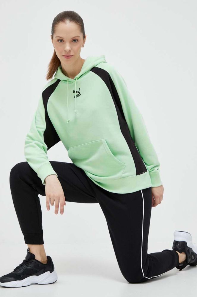 Кофта Puma жіноча колір зелений з капюшоном візерунок