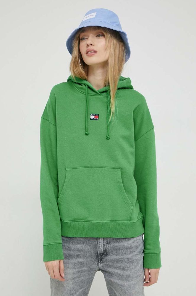 Бавовняна кофта Tommy Jeans жіноча колір зелений з капюшоном з аплікацією