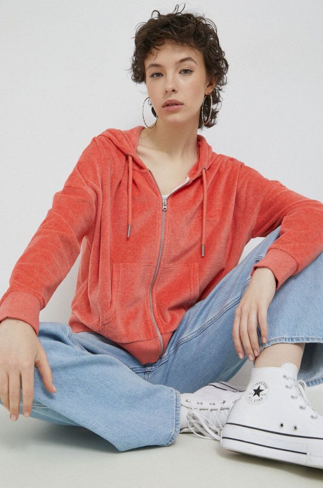 Кофта Superdry жіноча колір помаранчевий з капюшоном однотонна