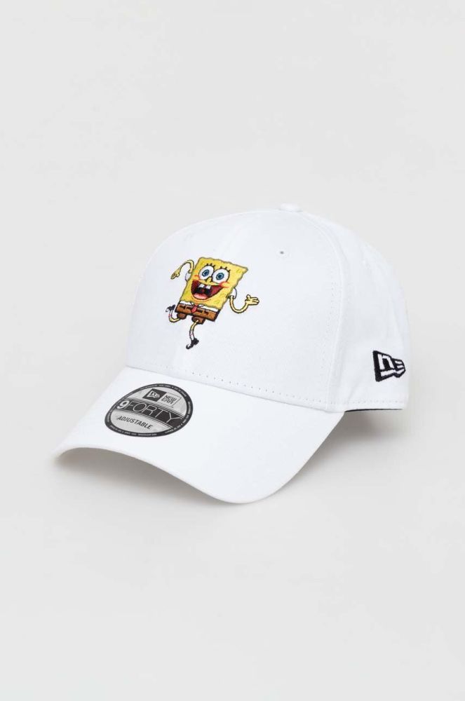 Бавовняна бейсболка New Era колір білий з аплікацією SPONGEBOB