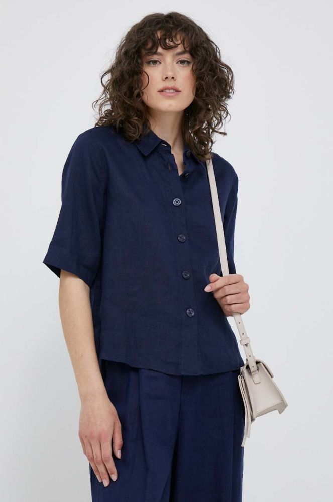 Сорочка з льону United Colors of Benetton колір синій relaxed класичний комір (3229911)