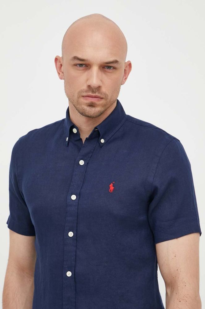 Сорочка з льону Polo Ralph Lauren колір синій slim комір button-down