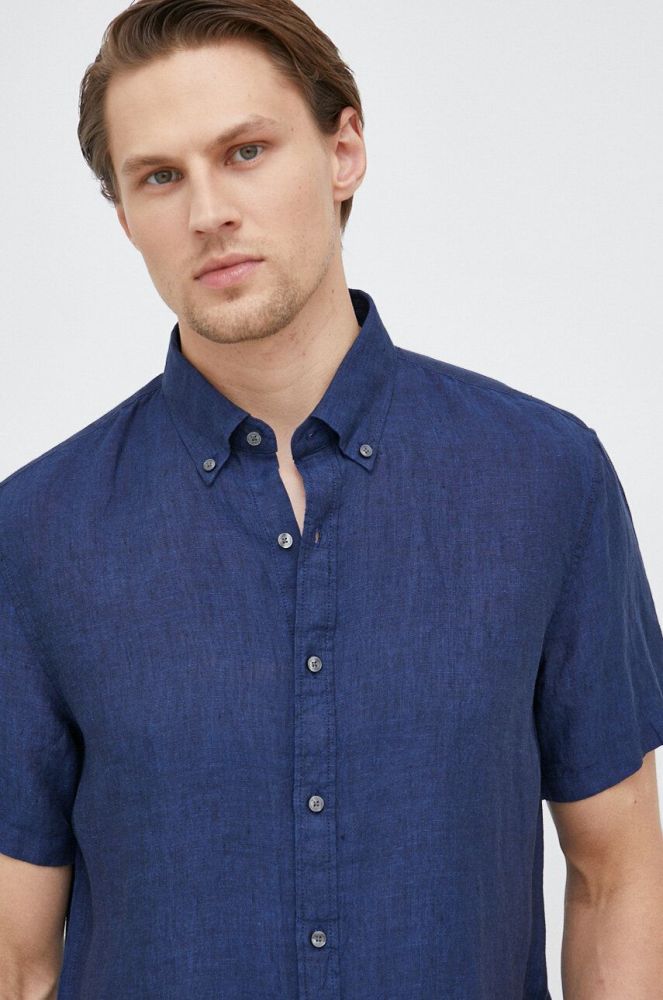 Сорочка з льону Michael Kors колір синій slim комір button-down (3069862)